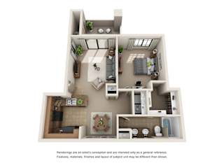 A 3D rendered image of a house layout.