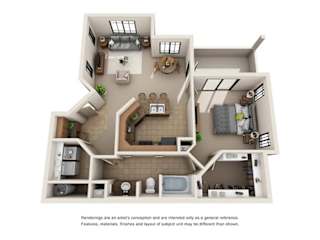 A floor plan of a house with a kitchen, living room, dining room, and bathrooms.