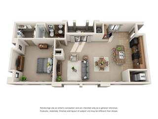 A 3D rendered image of a house layout.