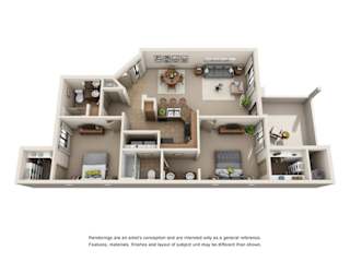 A 3D rendered image of a house layout.