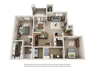 A 3D rendered image of a house layout.