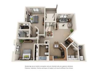 A 3D rendered image of a house layout.