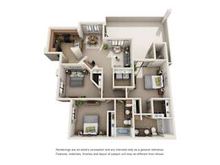 A 3D floor plan of a house with a kitchen, living room, and bedrooms.