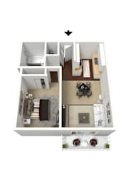 A top down view of a small apartment with a kitchen, living room and bedroom.