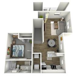 A 3D rendered image of a small apartment with a bedroom, living room, and kitchen.