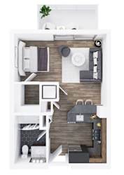 A top-down view of a small apartment with a kitchen, living room, and bathroom.
