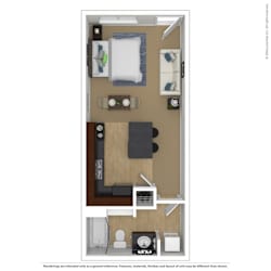 A floor plan of a small apartment with a bedroom, living room, and kitchen.