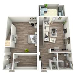 A 3D floor plan of a modern apartment with a living room, kitchen, and bedroom.