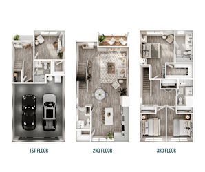 Floor plan of Eureka with 3 stories, garage, 4 bedrooms, kitchen, living area, dining room, and 3 and a half bathrooms