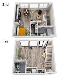 A top down view of a first and second floor apartment layout.