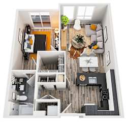 A top down view of a modern apartment with a living room, kitchen, and bedroom.
