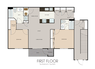A floor plan of a house with two bedrooms, a study, and a bathroom.