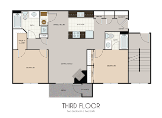 A floor plan of a third floor apartment with two bedrooms, two bathrooms, a living room, a kitchen, a dining room, a pantry, a linen closet, a walk-in closet, and a storage