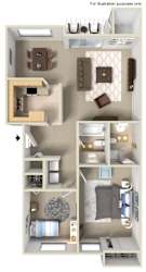 A detailed 3D floor plan of a small apartment.