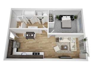 A top-down view of a modern apartment layout with a living room, kitchen, and bedroom.