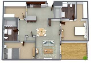 A top-down view of a house interior with a dining area, living room, kitchen, and a small garden.
