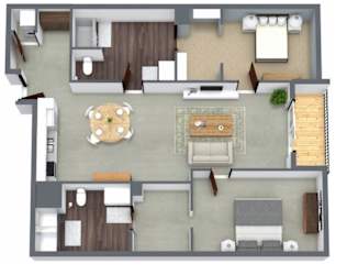 A top-down view of a house layout with a dining area, living room, and kitchen.