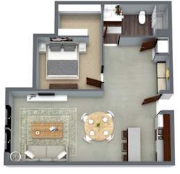 A top-down view of a living room with a couch, coffee table, and television.
