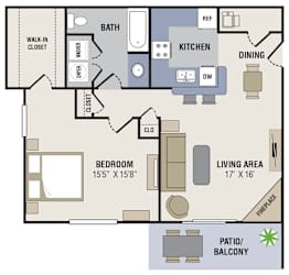 A floor plan of a house with a bedroom, living area, kitchen, dining room, and bathroom.