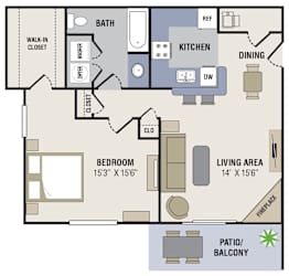 A floor plan of a house with a bedroom, living area, kitchen, dining room, bathroom, and patio/balcony.