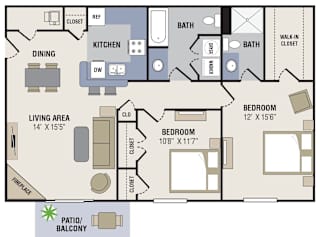 A floor plan of a house with a living area, two bedrooms, a kitchen, a bathroom, a patio, and a balcony.
