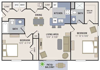 A floor plan of a home with a living area, two bedrooms, a kitchen, and a bath.
