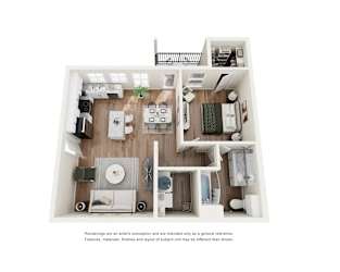 One Bedroom 1x1 Floor Plan at Four Cedars, Gunter, TX 75058