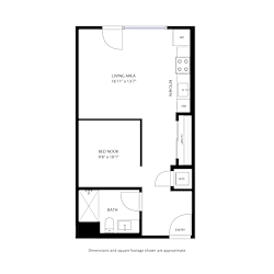 A floor plan of a small apartment with a living area, bed nook, bath, and entry.