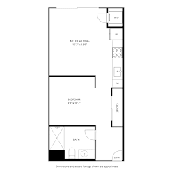 A floor plan of a room with a kitchen, bedroom, and bathroom.
