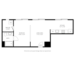 A floor plan of a house with a bedroom, bathroom, living area, and kitchen.