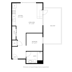 A floor plan of a small apartment with a kitchen, living area, bedroom, bathroom, and balcony.