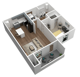 3D floor plan with one bedroom layout at Gateway Apartments, East Wenatchee