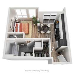 A Juliet balcony is part of this apartment layout.