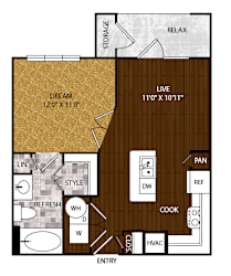 A floor plan of a house with a living room, kitchen, and bathroom.