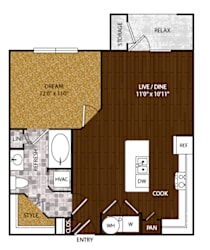 A floor plan of a house with a living room, dining room, kitchen, and bathrooms.