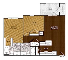 A floor plan of a house with a living room, dining room, kitchen, and bathrooms.