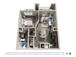 A floor plan of an apartment with two bedrooms, a living room, a kitchen, and a bathroom.