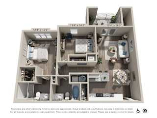 A 3D floor plan of an apartment showing a kitchen, living room, and bathroom.