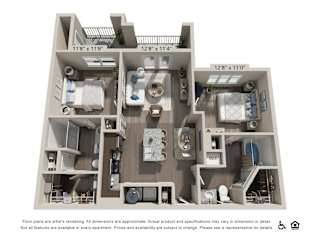 A 3D floor plan of an apartment with dimensions and notes below.