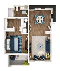 A top down view of a small apartment with a kitchen, living room, and bedroom.