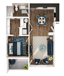 A top-down view of a modern apartment layout with a living area, kitchen, and bedroom.