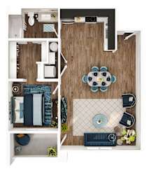 A top-down view of a modern apartment layout with a kitchen, living room, and bathroom.