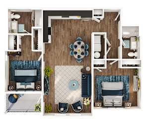 A top-down view of a living room, kitchen, and dining area.