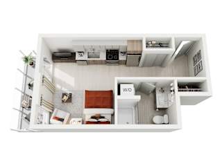A top-down view of a modern studio apartment home at ION Queen Anne with a living room, kitchen, and bathroom.