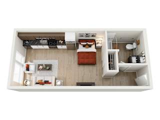 A top-down view of a neatly organized model  apartment home at ION Queen Anne with a bed, a couch, a kitchenette, and a workspace.