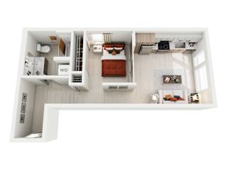 A top-down view of a modern studio apartment home at ION Queen Anne with a living room, kitchen, and bathroom.