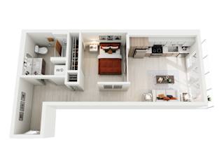 A top-down view of a modern studio apartment home at ION Queen Anne with a living room, kitchen, and bathroom.