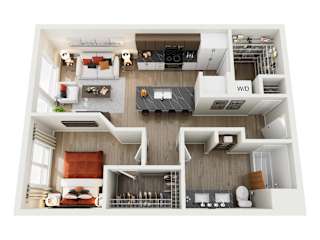 A top-down view of a modern apartment home at ION Queen Anne with bedroom, living room, kitchen, bathroom, and closet