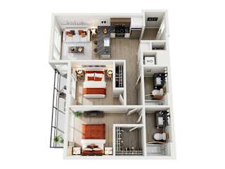 A top-down view of a modern apartment home at ION Queen Anne with 2 bedrooms, living room, kitchen, 2 bathrooms, and closets
