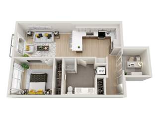 A floor plan of a modern apartment with a living room, kitchen, and bathroom.